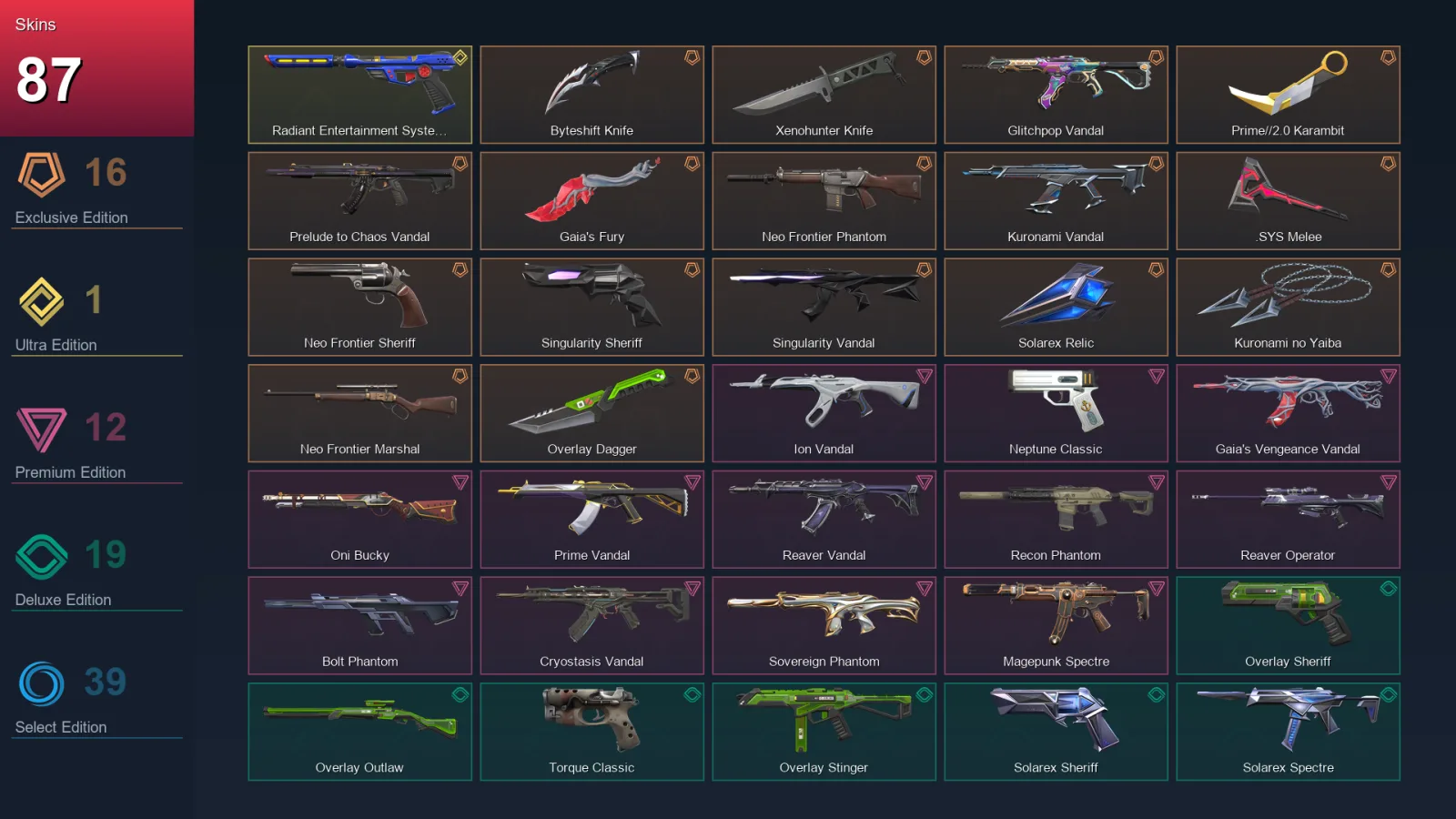 EU | Lv186 | Unranked | 87 Skin | 28 Agent | 101 Buddy