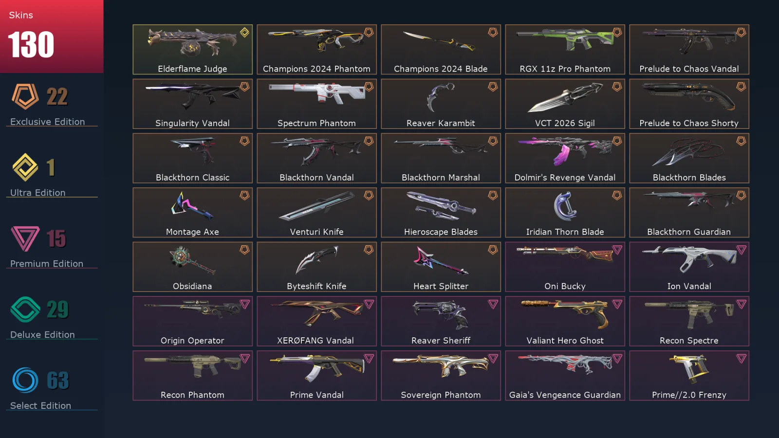 [Valorant] | EU | Level 197 | 29 Agents | 130 Skins