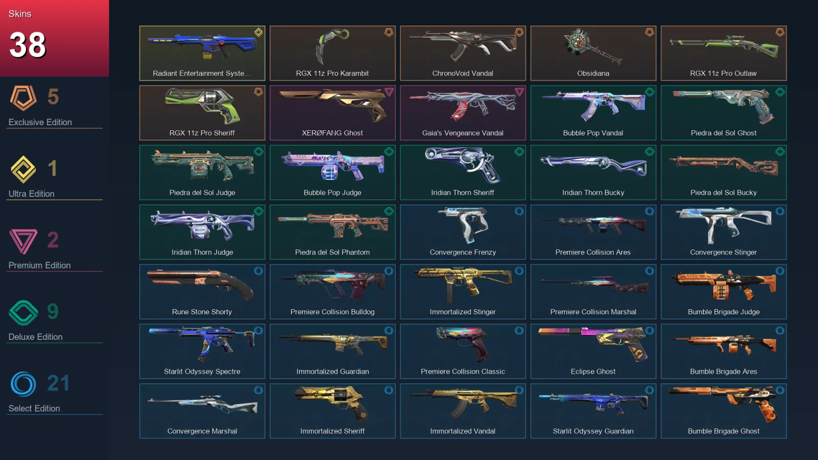 EU | Lv54 | Unranked | 38 Skin | 14 Agent | 31 Buddy — Iridian Thorn Judge