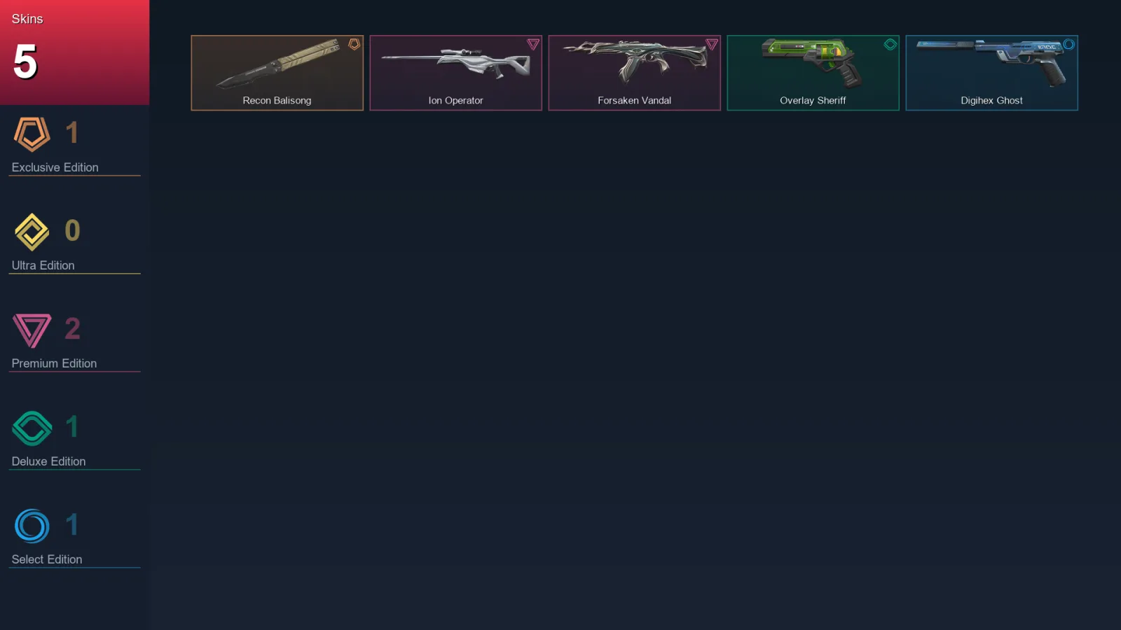 EU | Recon Balisong | Ion Operator | Forsaken Vandal | Overlay Sheriff | 5 Skin | 17 Agent | 26 Buddy | Lv69