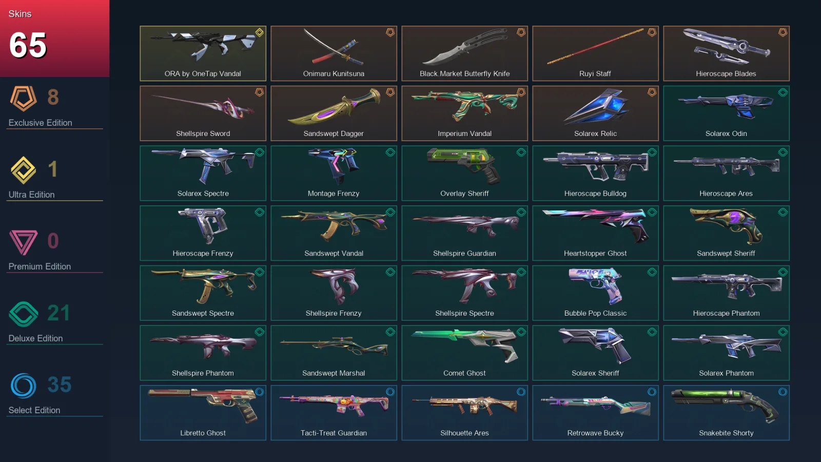 AP | Lv324 | Unranked | 65 Skin | 29 Agent | 87 Buddy