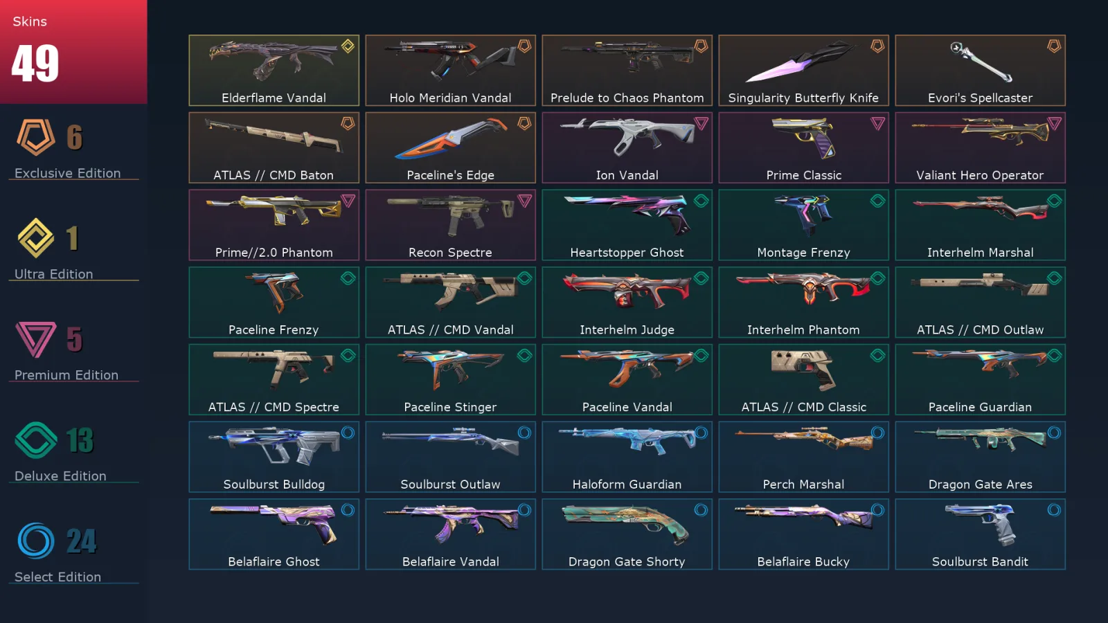 [Valorant] | EU | Level 84 | Platinum 3 | 23 Agents | 49 Skins
