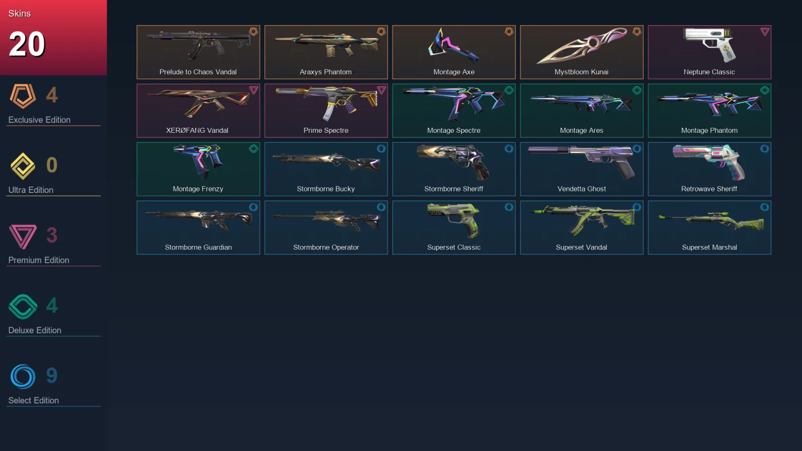 LA | Prelude to Chaos Vandal | Araxys Phantom | Montage Axe | Mystbloom Kunai | 20 Skin | 28 Agent | 49 Buddy | Lv114