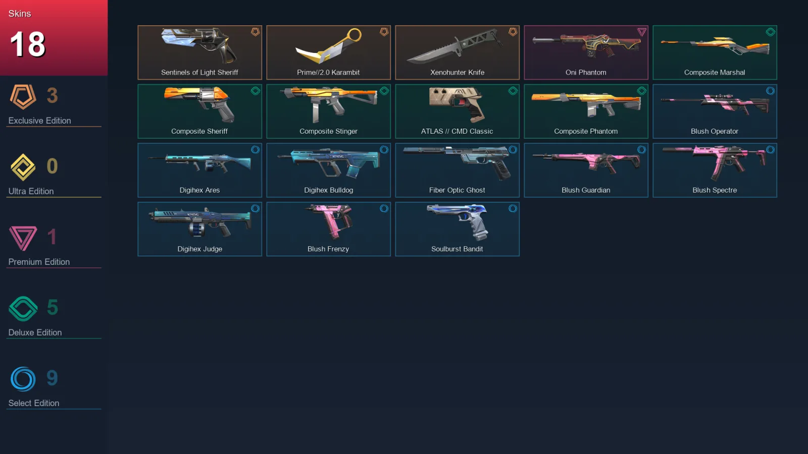 EU | Sentinels of Light Sheriff | Prime//2.0 Karambit | Xenohunter Knife | Oni Phantom | 18 Skin | 29 Agent | 50 Buddy | Lv83
