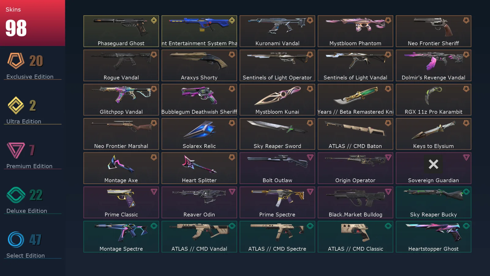 [Valorant] | EU | Level 95 | Platinum 2 | 29 Agents | 98 Skins