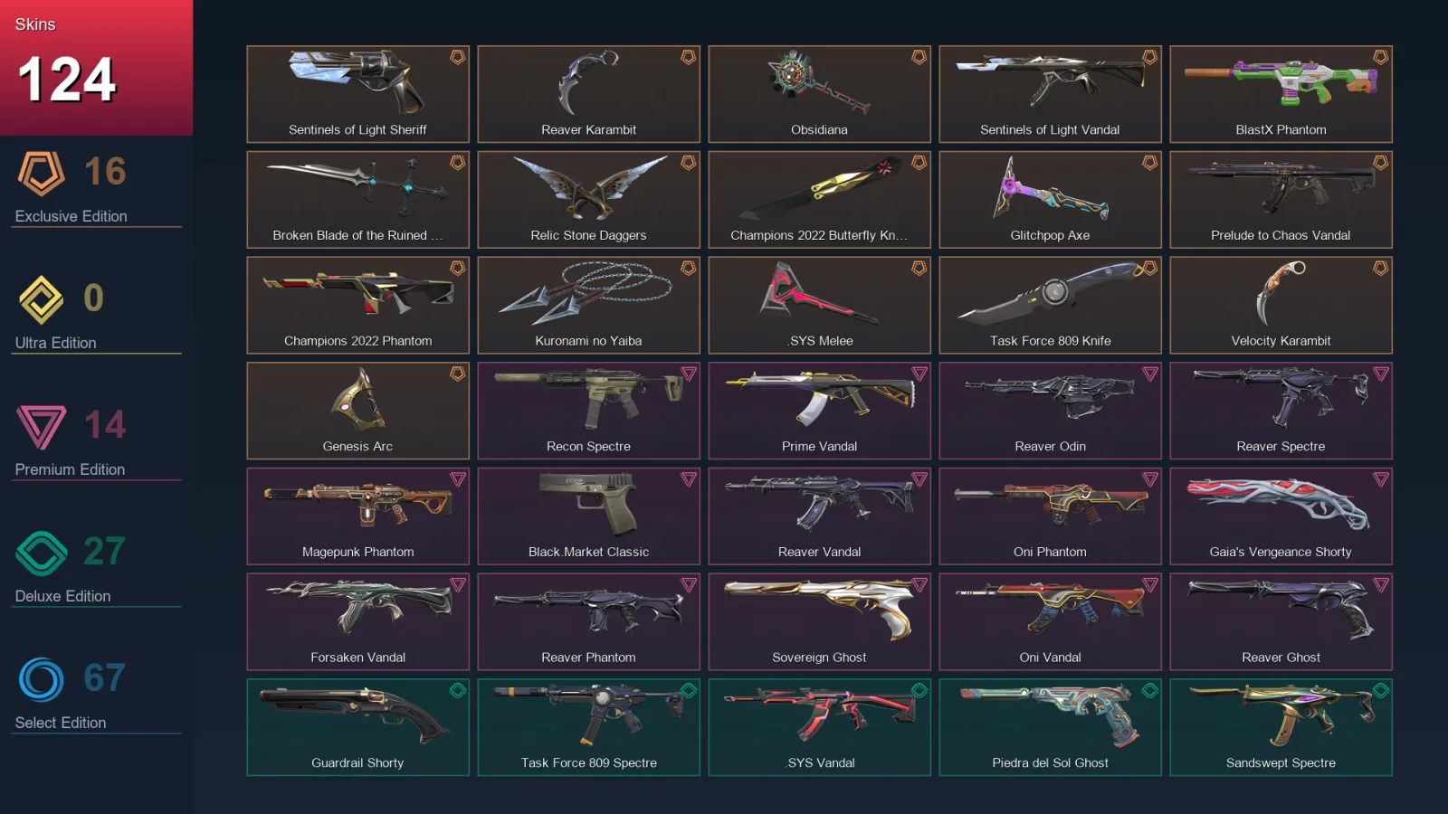 AP | Lv199 | Unranked | 124 Skin | 28 Agent | 124 Buddy