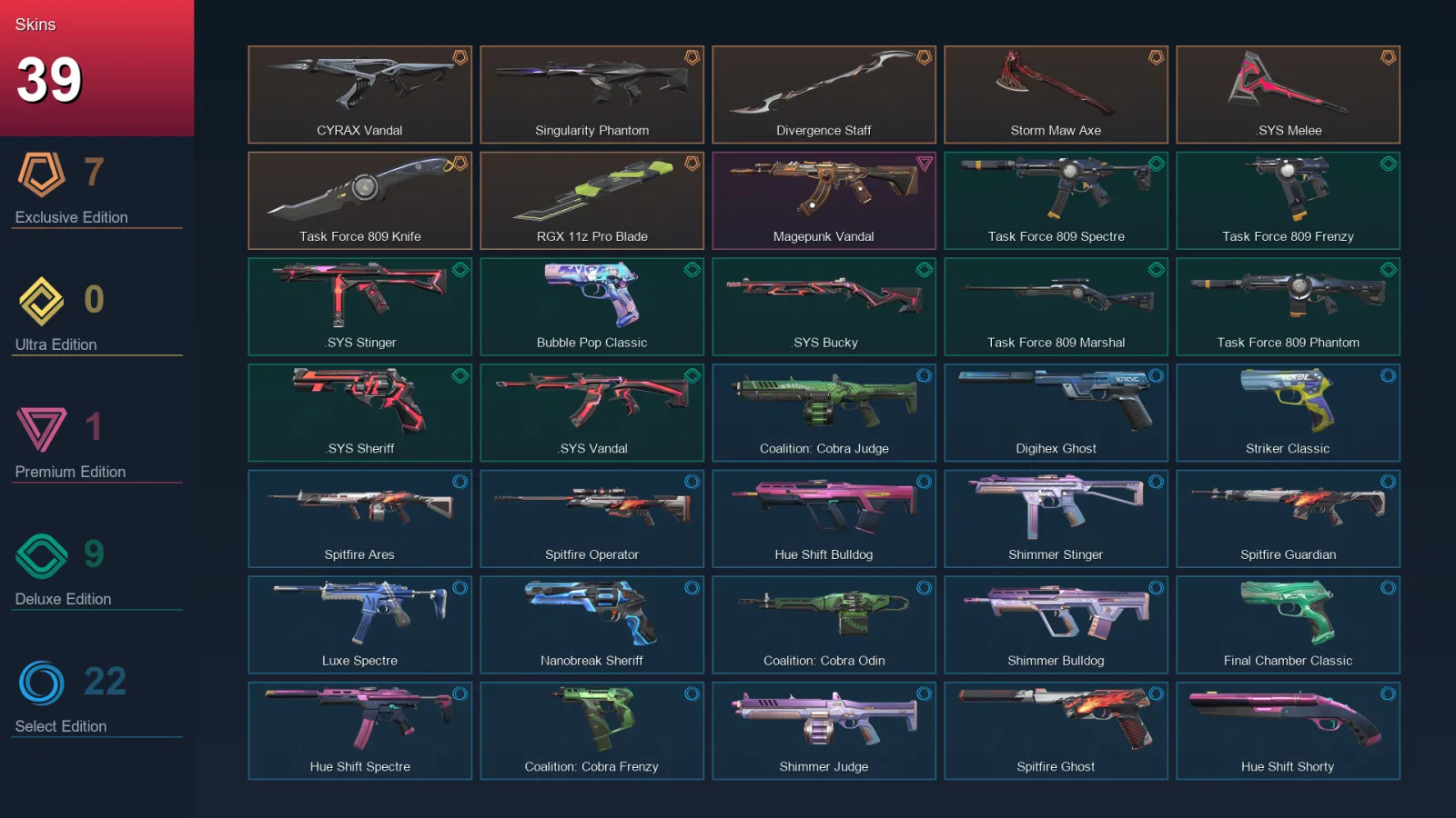AP | Lv197 | Unranked | 39 Skin | 28 Agent | 89 Buddy — Hue Shift Shorty