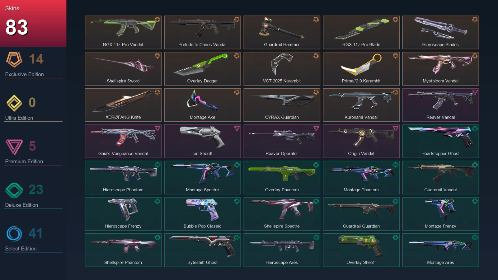 EU | Lv183 | Unranked | 83 Skin | 24 Agent | 89 Buddy — Valorant account