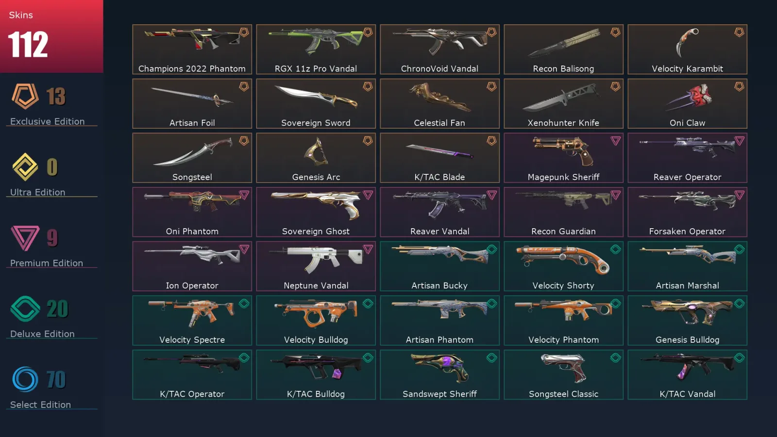 [Valorant] | EU | Level 500 | 25 Agents | 112 Skins