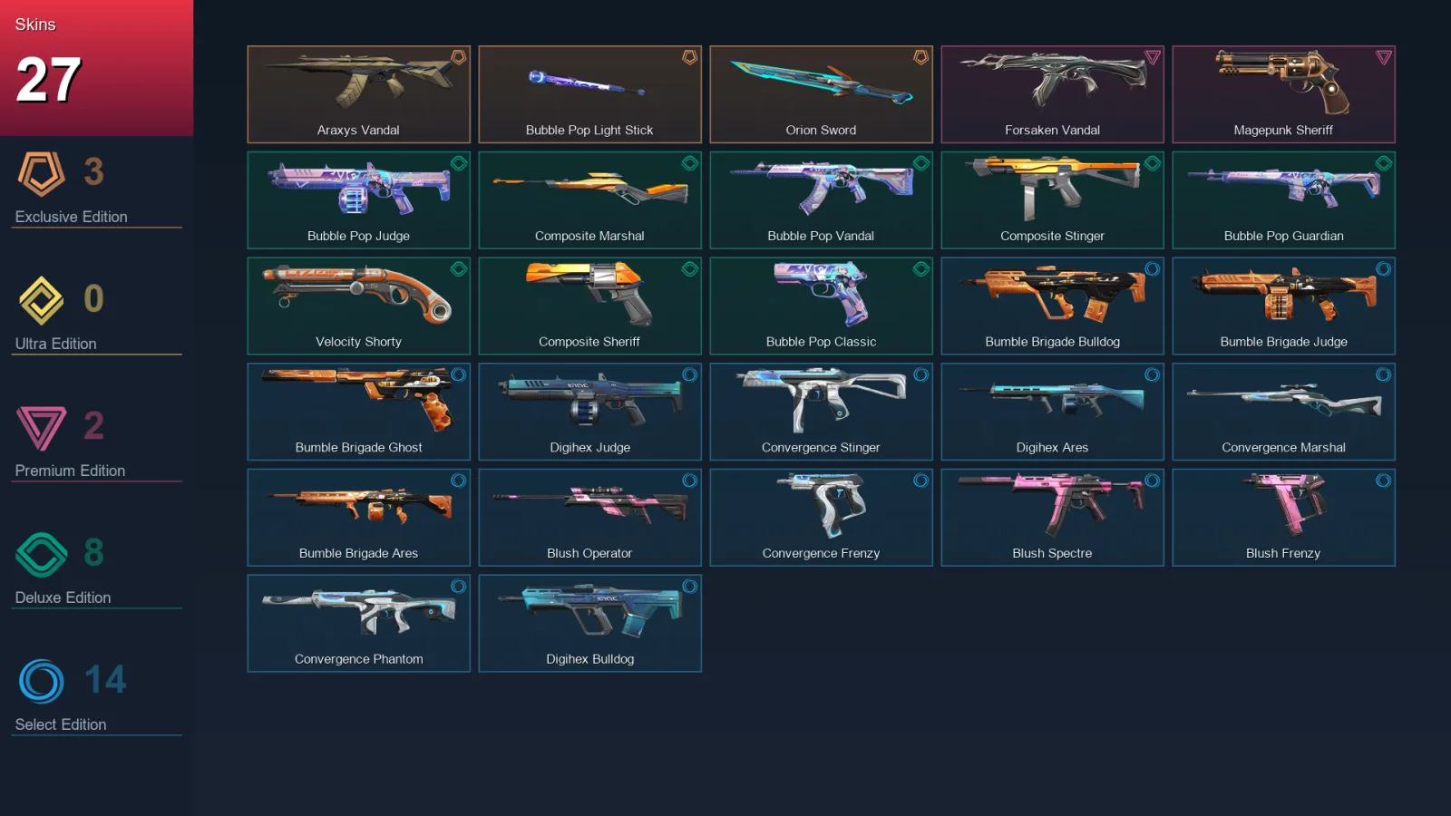 EU | Lv75 | Unranked | 27 Skin | 24 Agent | 36 Buddy — Convergence Frenzy