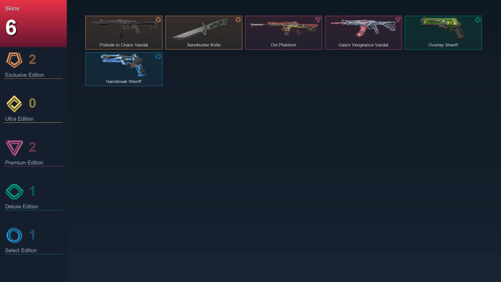 NA | Prelude to Chaos Vandal | Xenohunter Knife | Oni Phantom | Gaia's Vengeance Vandal | 6 Skin | 20 Agent | 25 Buddy | Lv55