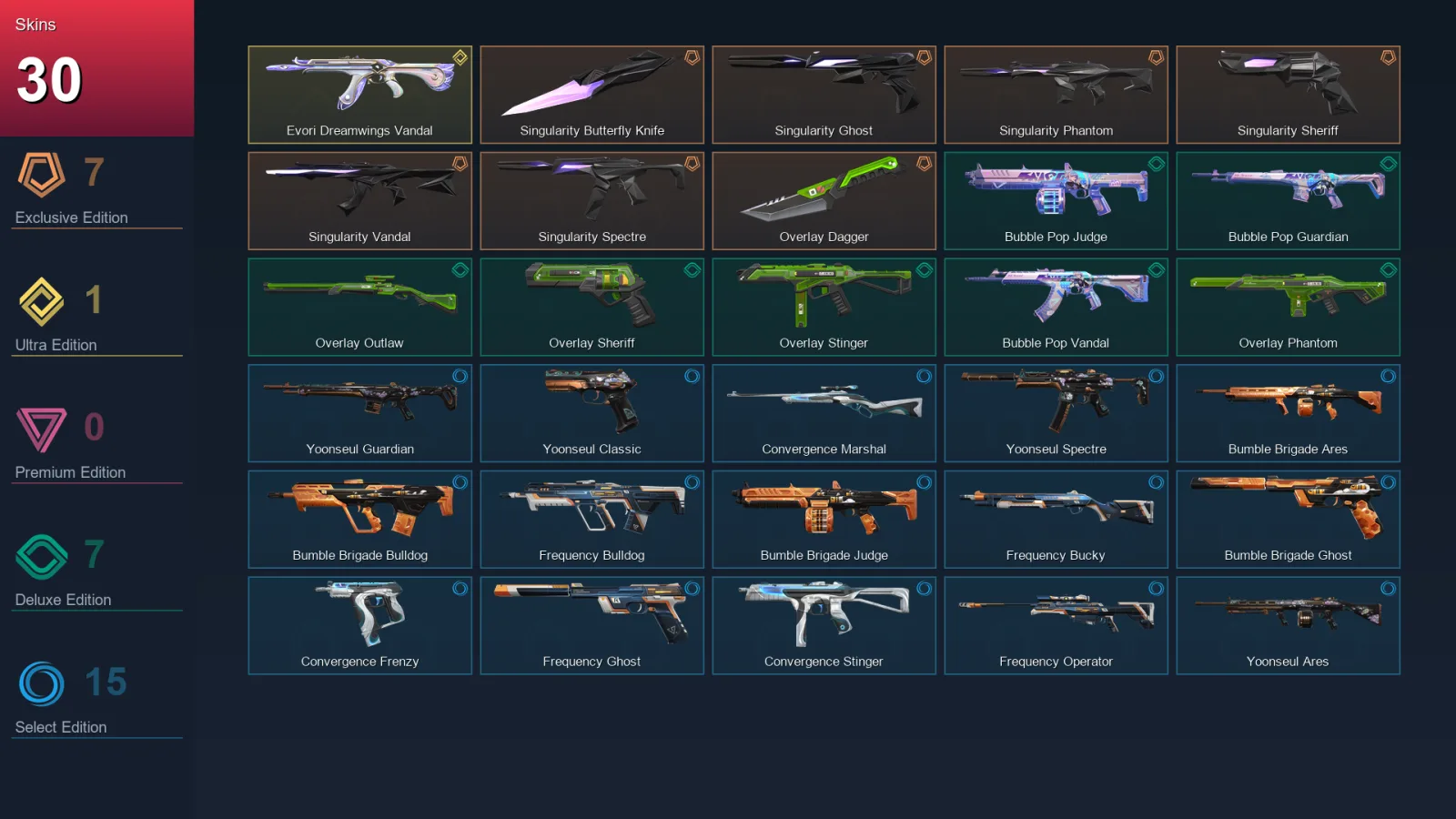 EU | Lv55 | Unranked | 30 Skin | 12 Agent | 34 Buddy