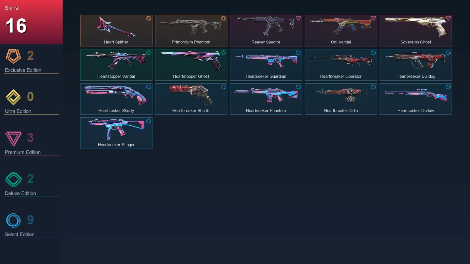 EU | Lv33 | Unranked | 16 Skin | 12 Agent | 16 Buddy — Heartbreaker Sheriff