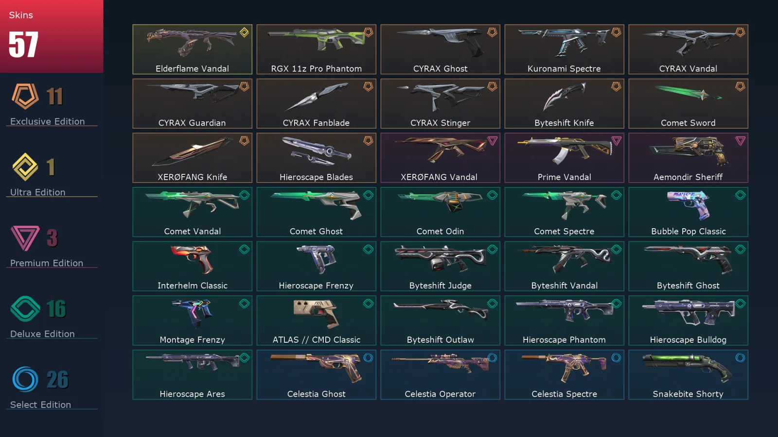 [Valorant] | EU | Level 206 | 29 Agents | 57 Skins