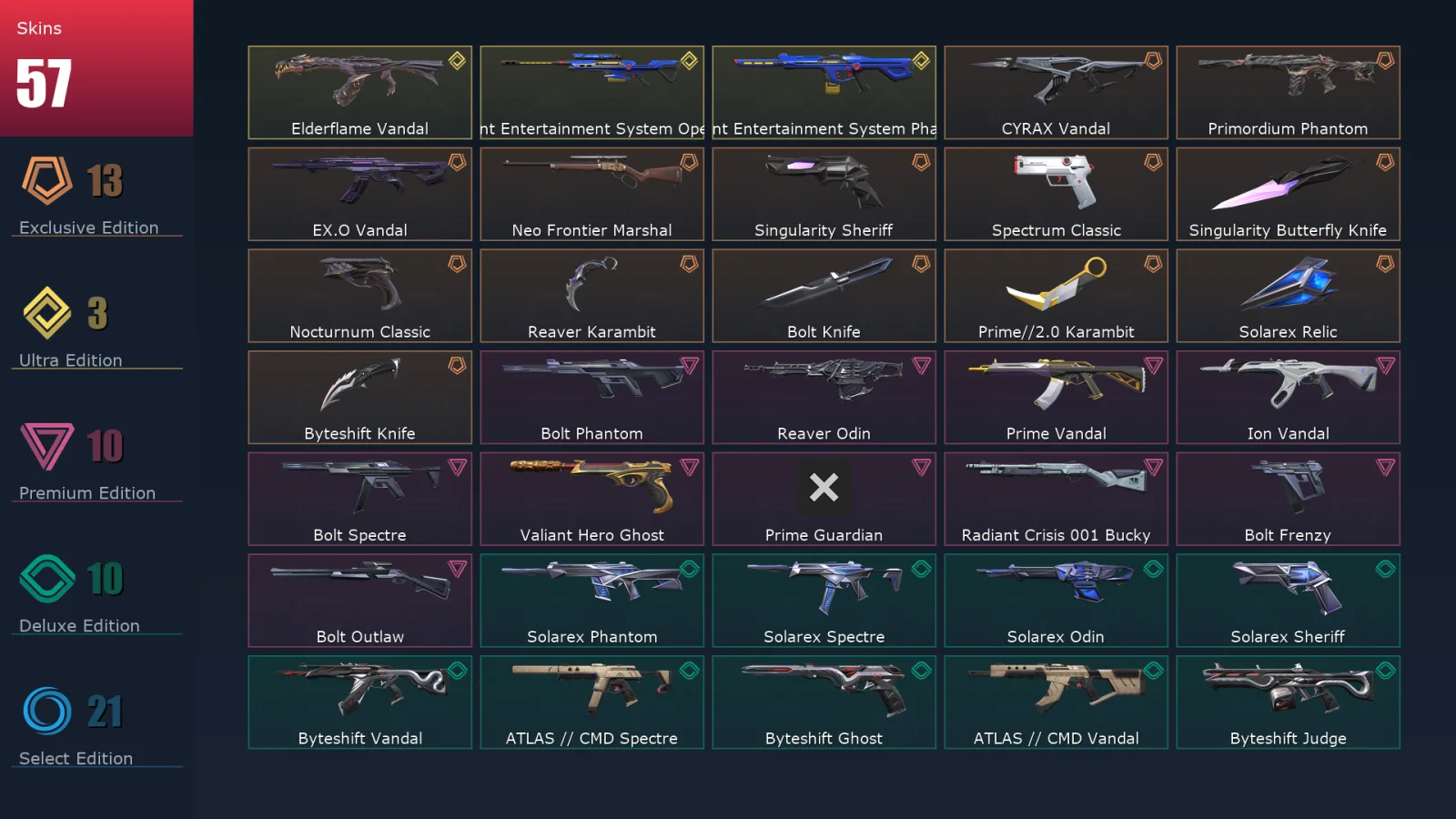 [Valorant] | EU | Level 52 | 22 Agents | 57 Skins