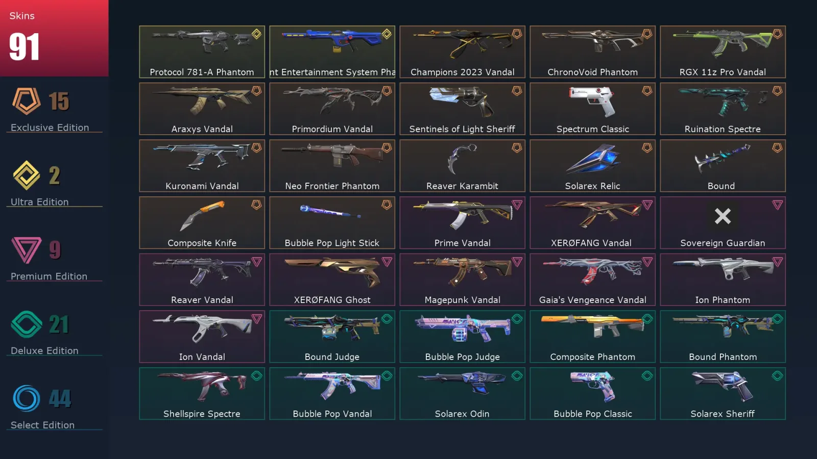 [Valorant] | EU | Level 121 | 28 Agents | 91 Skins