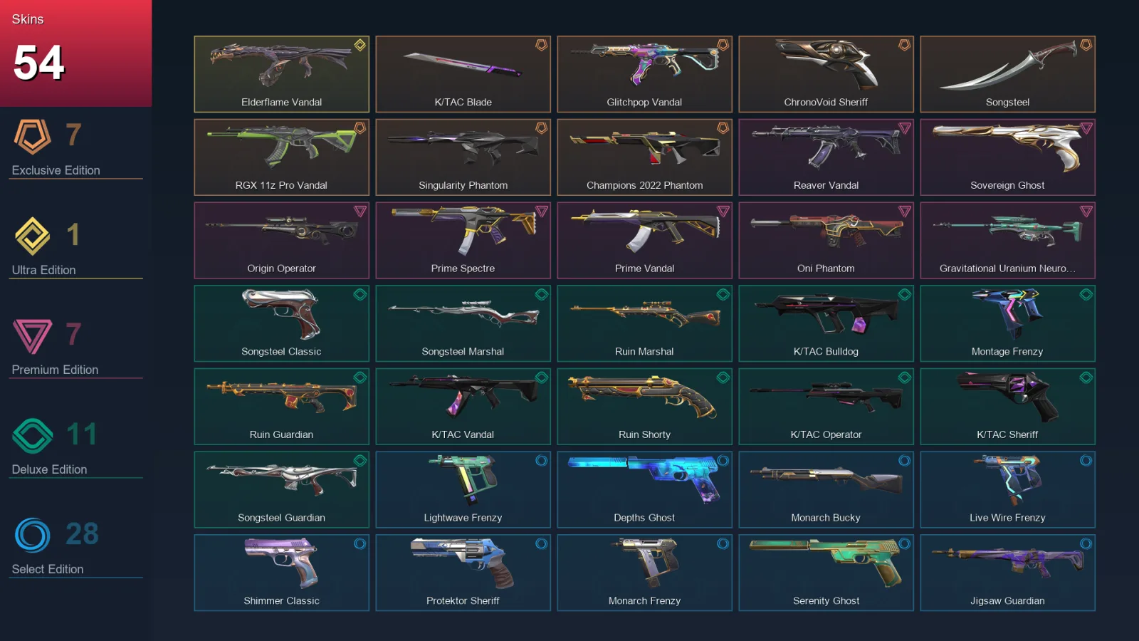 AP | K/TAC Blade | Glitchpop Vandal | ChronoVoid Sheriff | Songsteel | 54 Skin | 27 Agent | 89 Buddy | Lv155