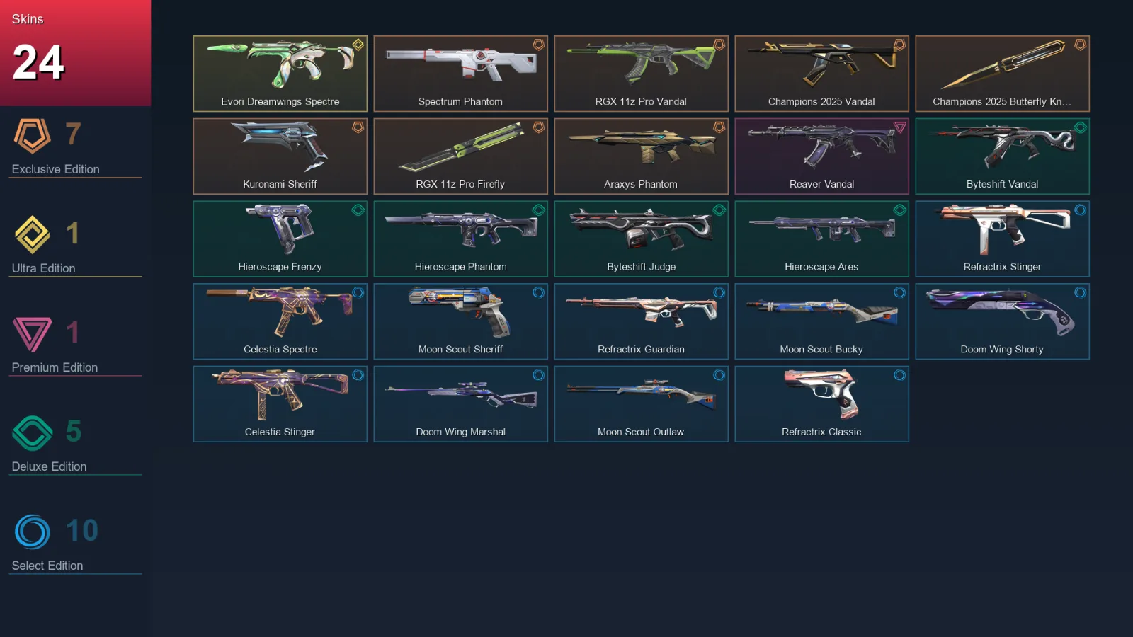 LA | Spectrum Phantom | RGX 11z Pro Vandal | Champions 2025 Vandal | Champions 2025 Butterfly Knife | 24 Skin | 12 Agent | 29 Buddy | Lv40