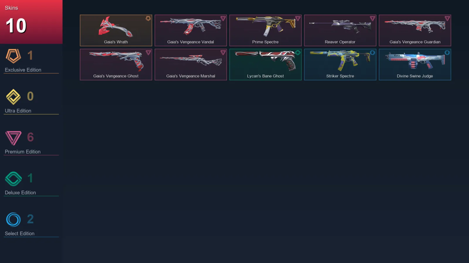 NA | Gaia's Wrath | Gaia's Vengeance Vandal | Prime Spectre | Reaver Operator | 10 Skin | 10 Agent | 13 Buddy | Lv29