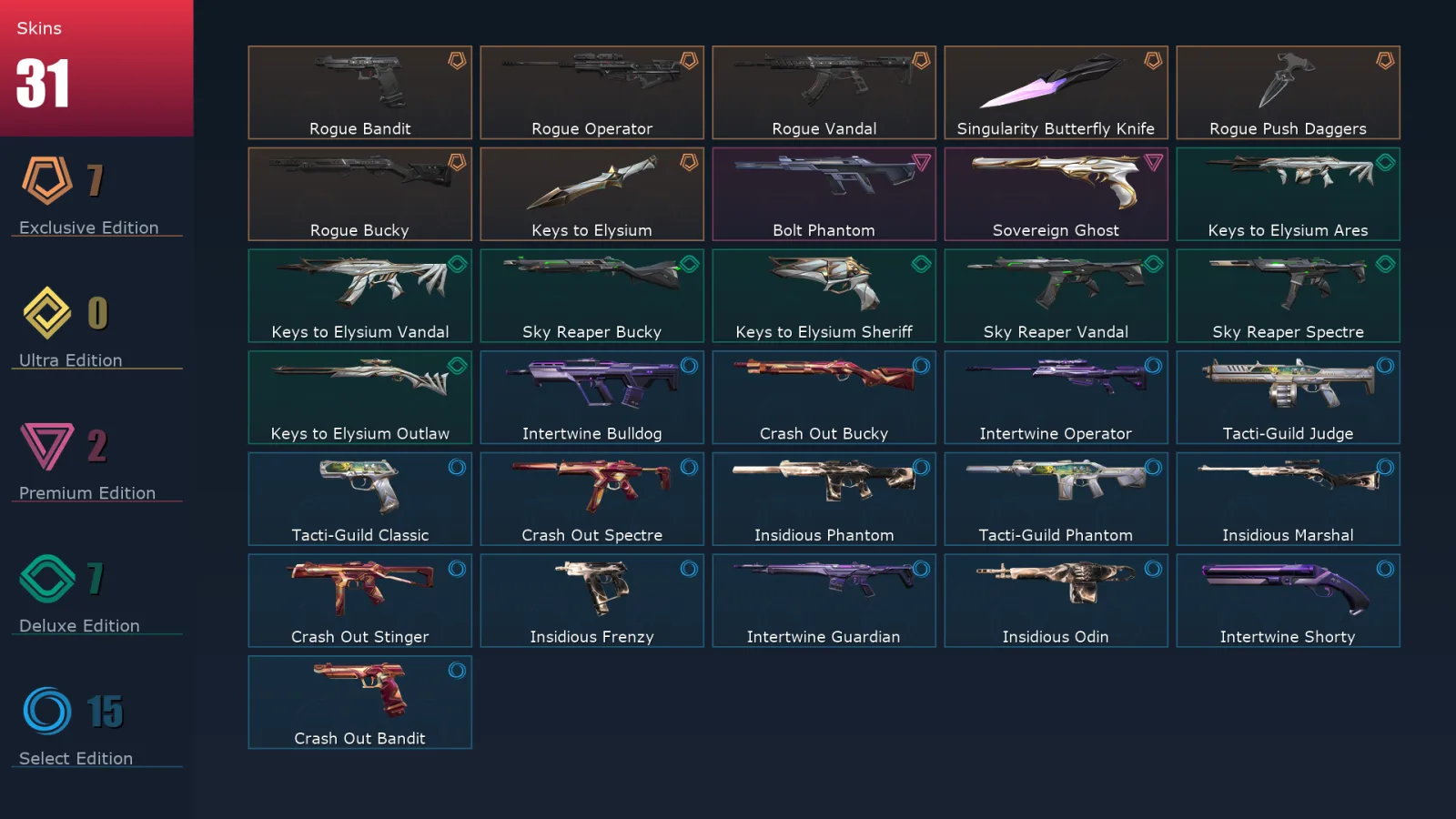 [Valorant] | EU | Level 34 | Ascendant 3 | 11 Agents | 31 Skins