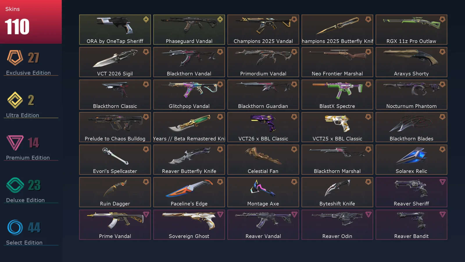 [Valorant] | EU | Level 240 | 29 Agents | 110 Skins