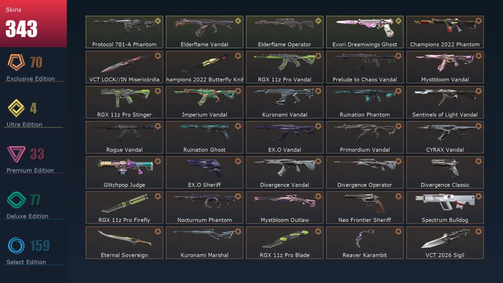 [Valorant] | EU | Level 321 | Platinum 2 | 29 Agents | 343 Skins