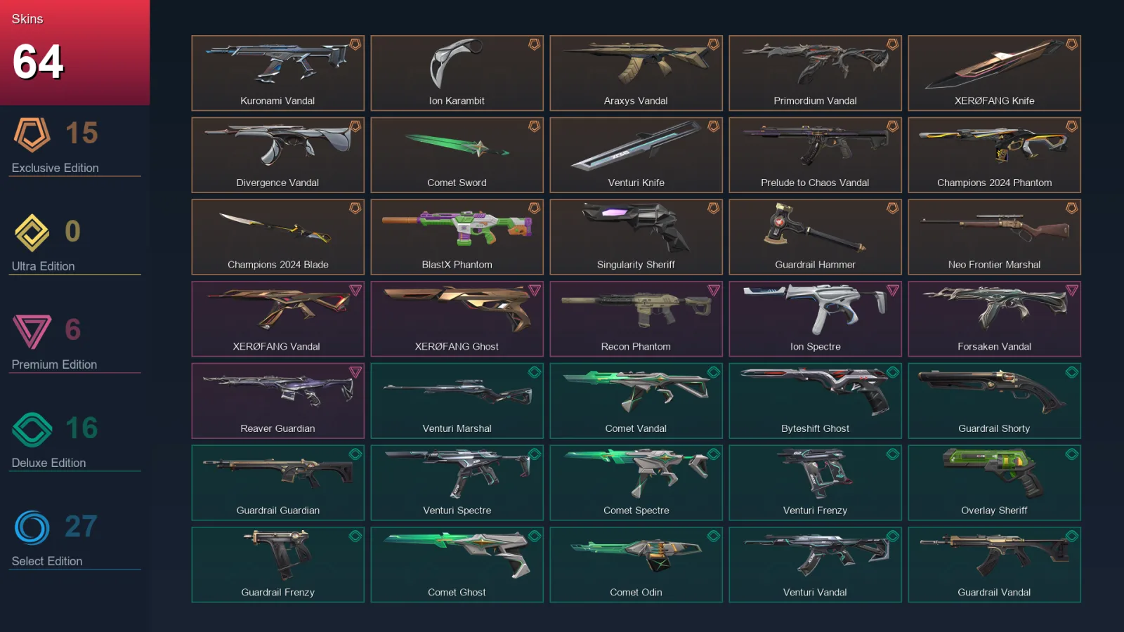 EU | Lv281 | Unranked | 64 Skin | 28 Agent | 117 Buddy