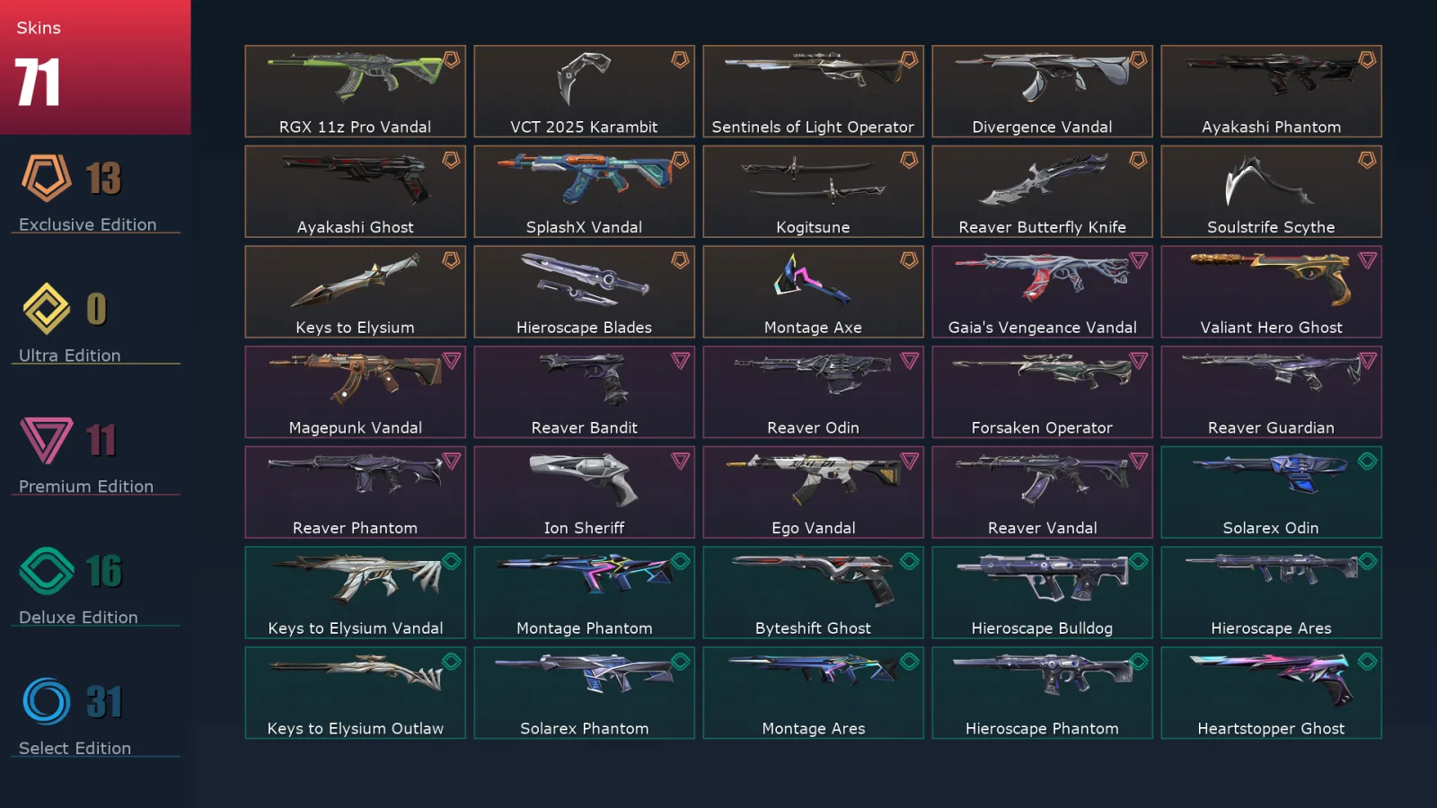 [Valorant] | EU | Level 1 | Immortal 1 | 29 Agents | 71 Skins