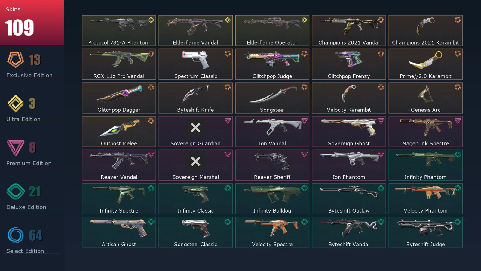 [Valorant] | EU | Level 415 | Diamond 3 | 29 Agents | 109 Skins