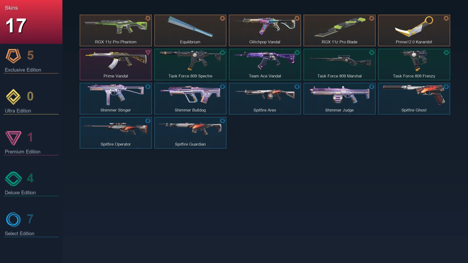 EU | Lv43 | Unranked | 17 Skin | 18 Agent | 22 Buddy — Spitfire Ghost