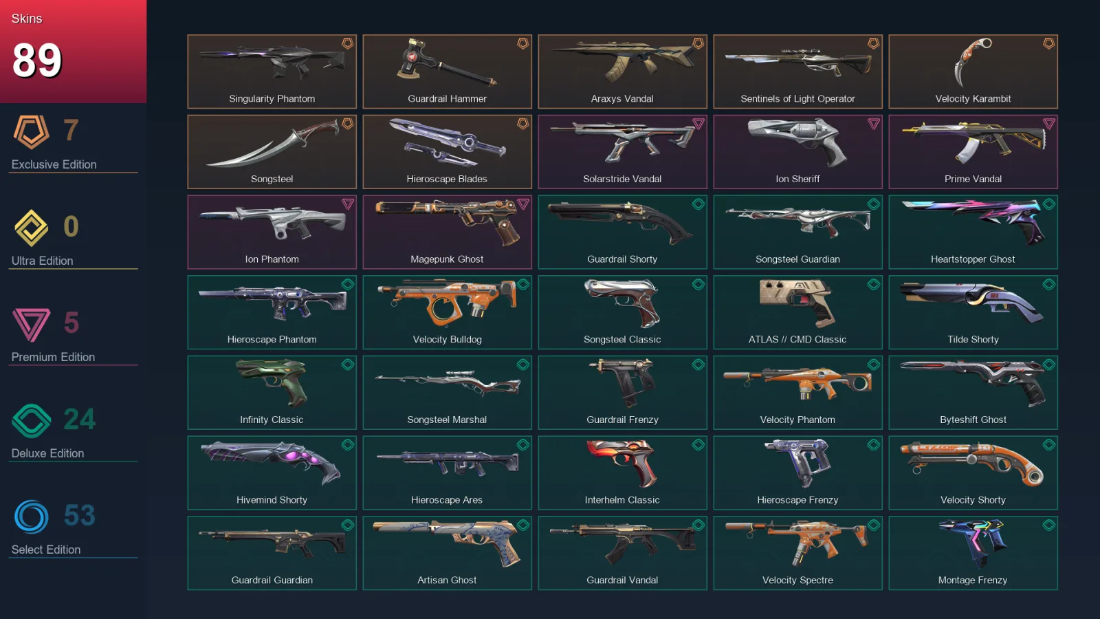 AP | Lv458 | Unranked | 89 Skin | 29 Agent | 173 Buddy