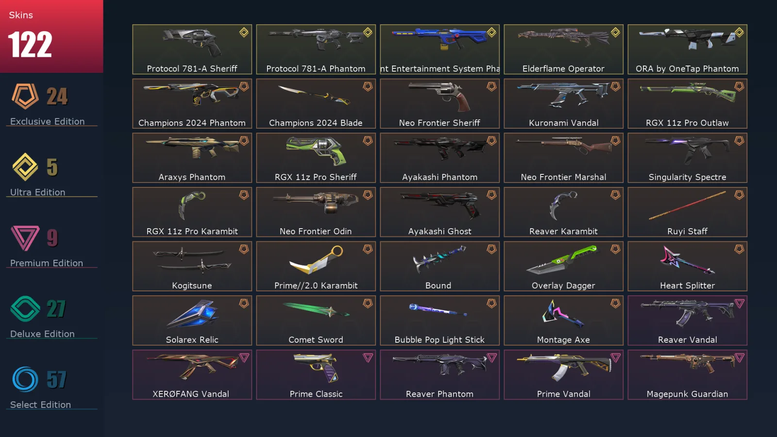 [Valorant] | EU | Level 216 | 29 Agents | 122 Skins