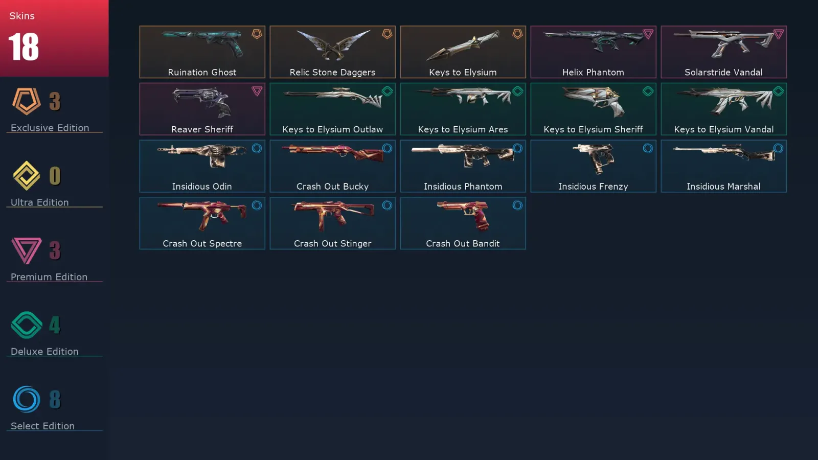 [Valorant] | EU | Level 1 | Immortal 1 | 12 Agents | 18 Skins