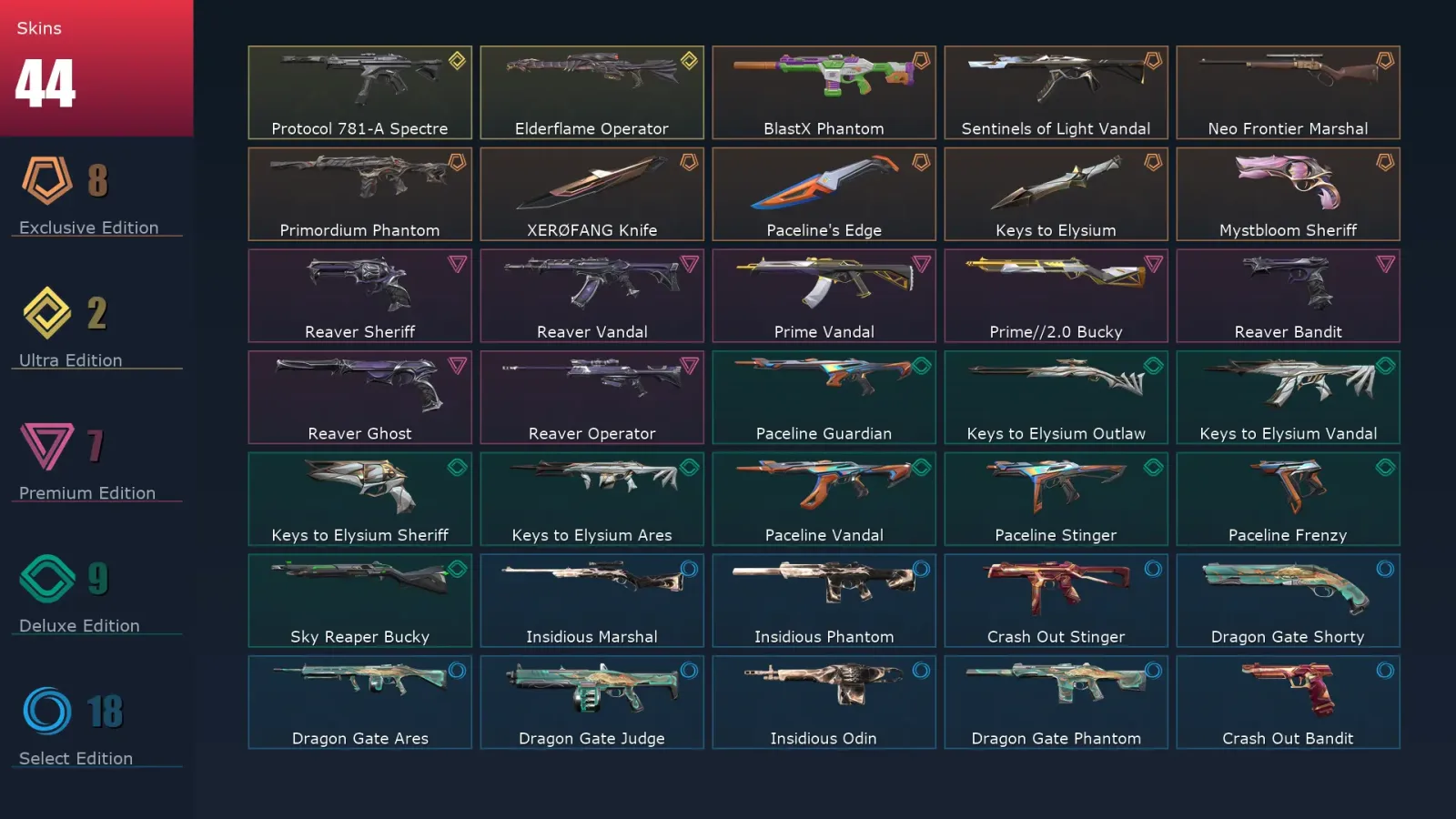 [Valorant] | EU | Level 31 | Platinum 1 | 12 Agents | 44 Skins