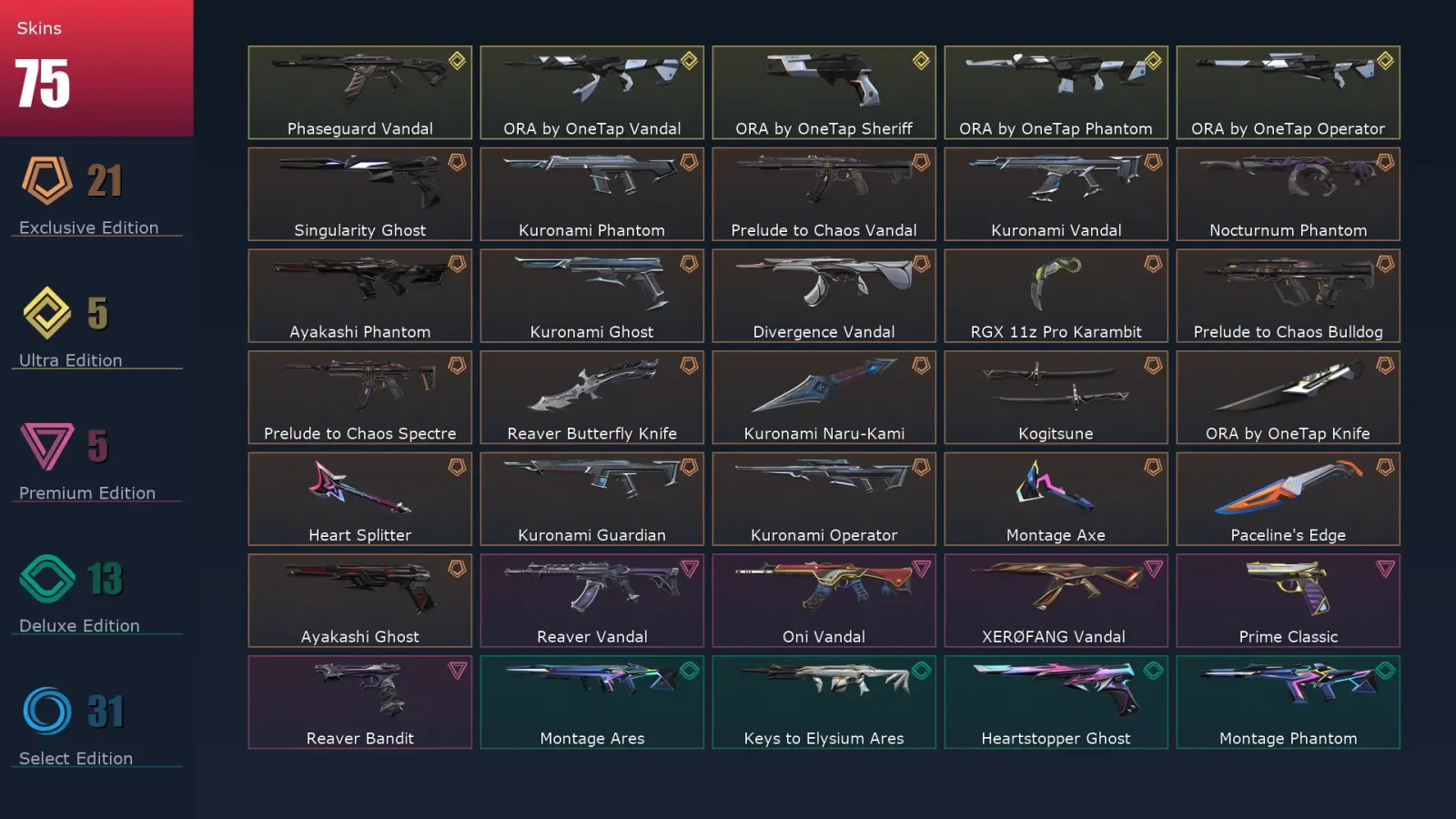 [Valorant] | EU | Level 62 | 22 Agents | 75 Skins