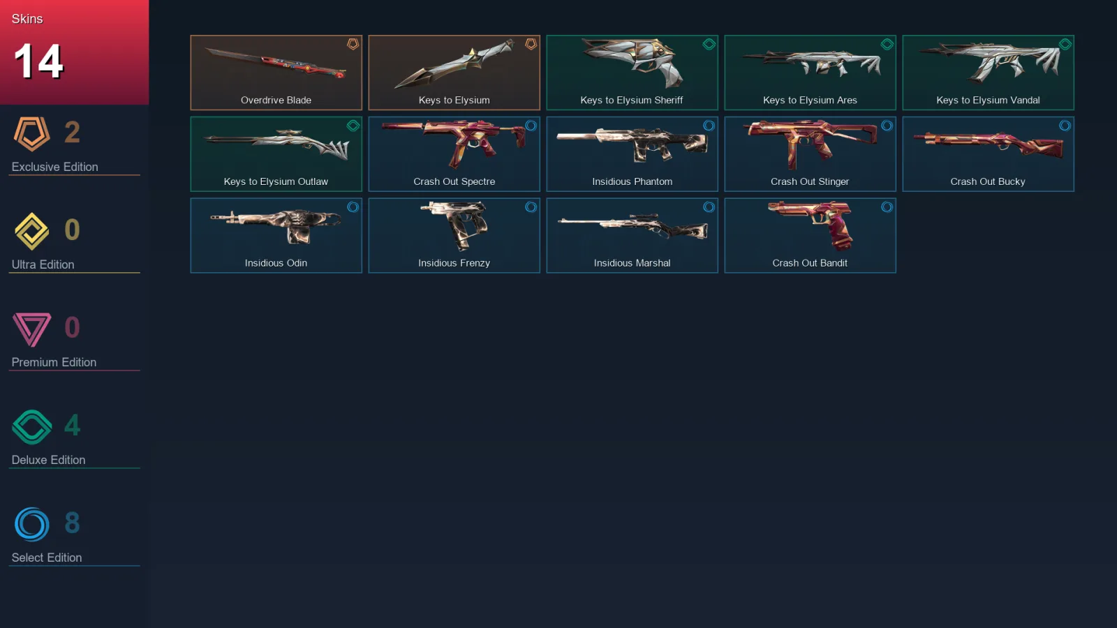 AP | Overdrive Blade | Keys to Elysium | Keys to Elysium Sheriff | Keys to Elysium Ares | 14 Skin | 10 Agent | 14 Buddy | Lv26