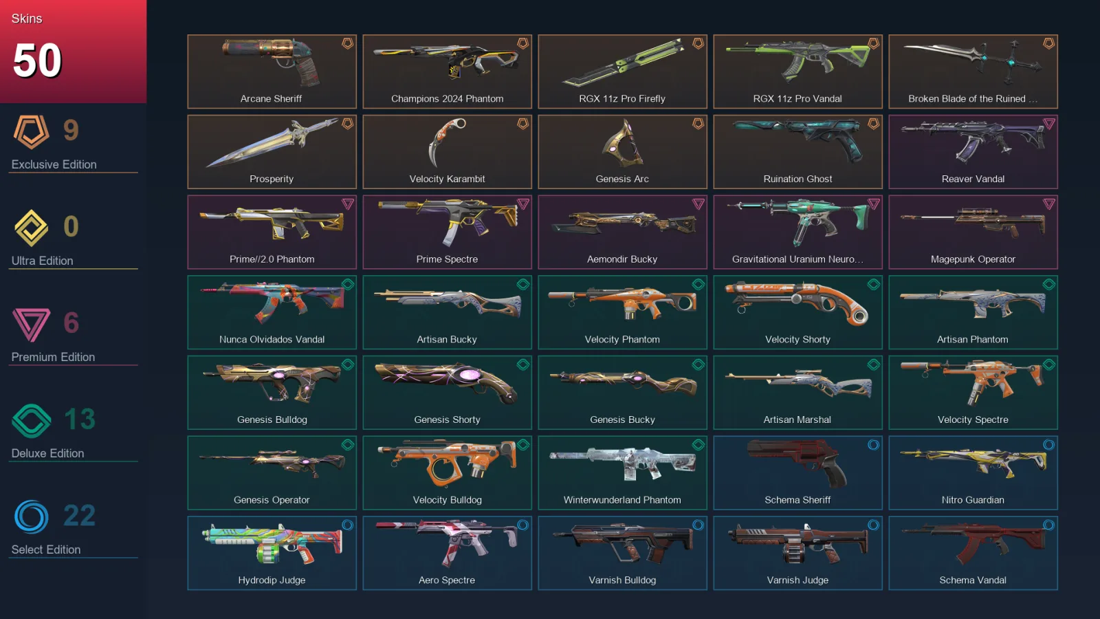 NA | Arcane Sheriff | Champions 2024 Phantom | RGX 11z Pro Firefly | RGX 11z Pro Vandal | 50 Skin | 26 Agent | 68 Buddy | Lv115