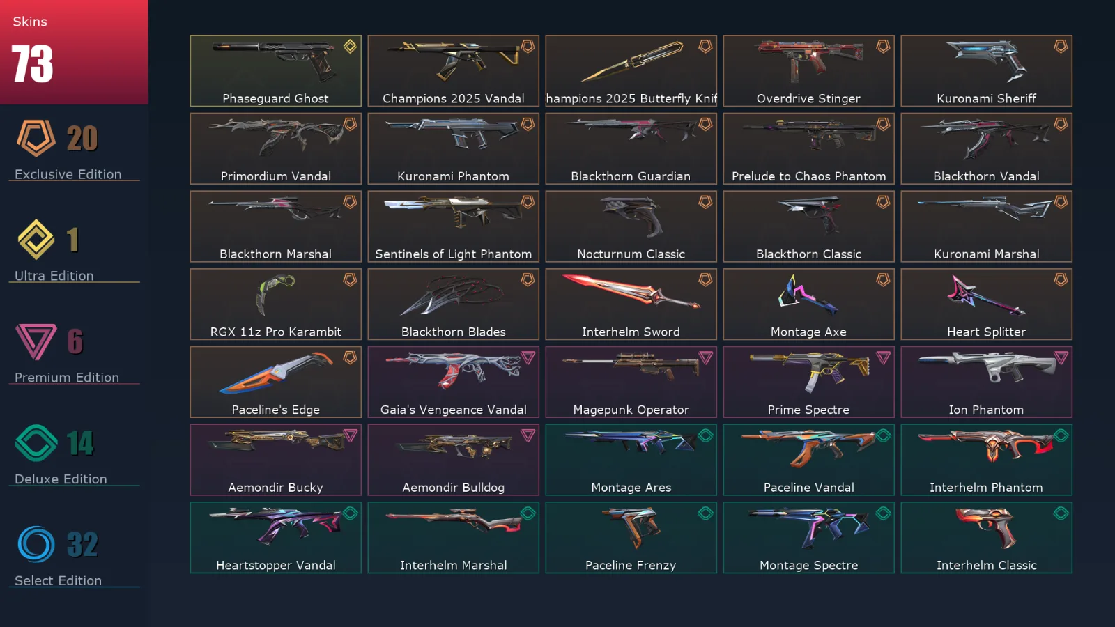 [Valorant] | EU | Level 87 | 27 Agents | 73 Skins