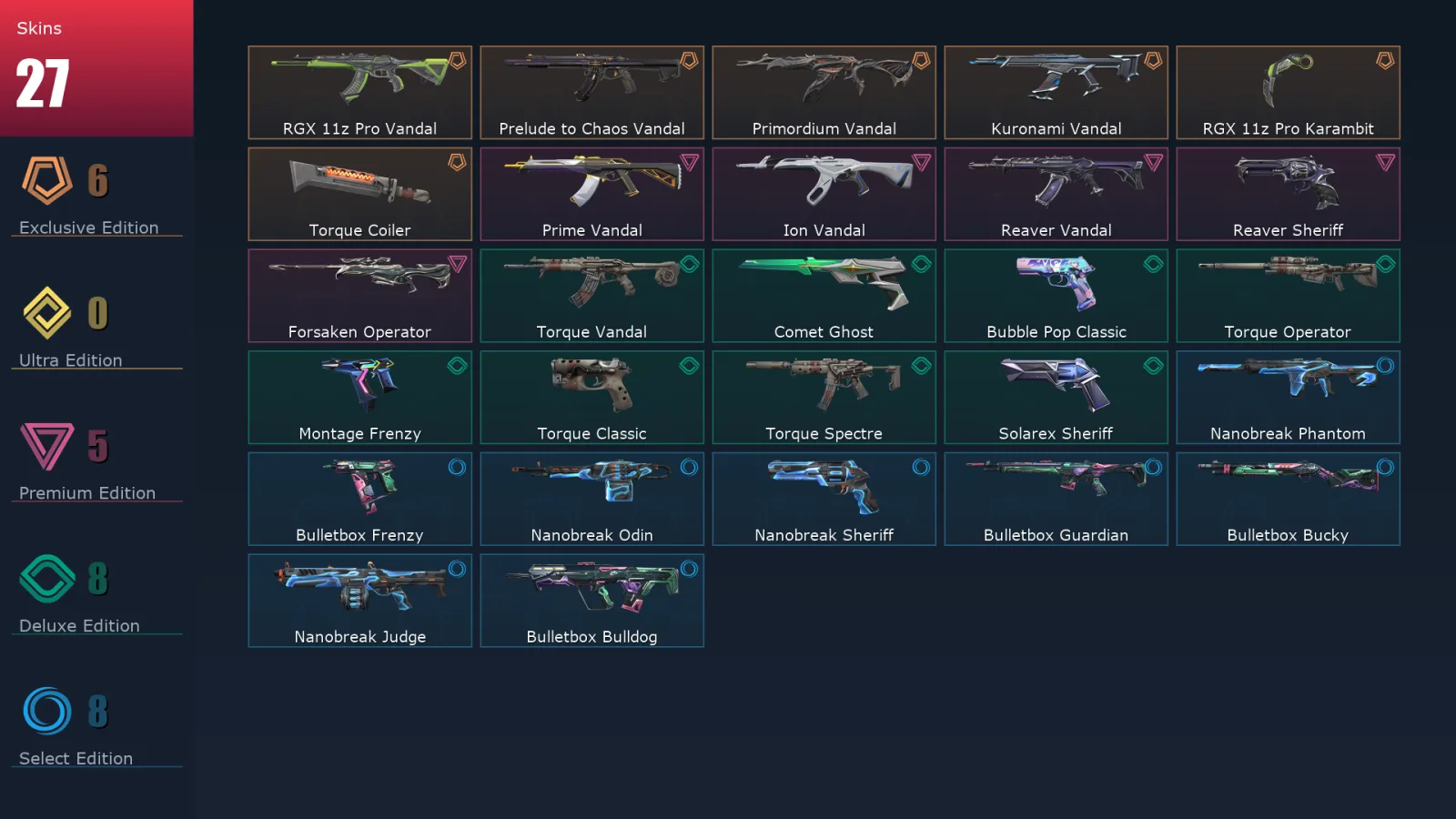 [Valorant] | EU | Level 117 | 27 Agents | 27 Skins