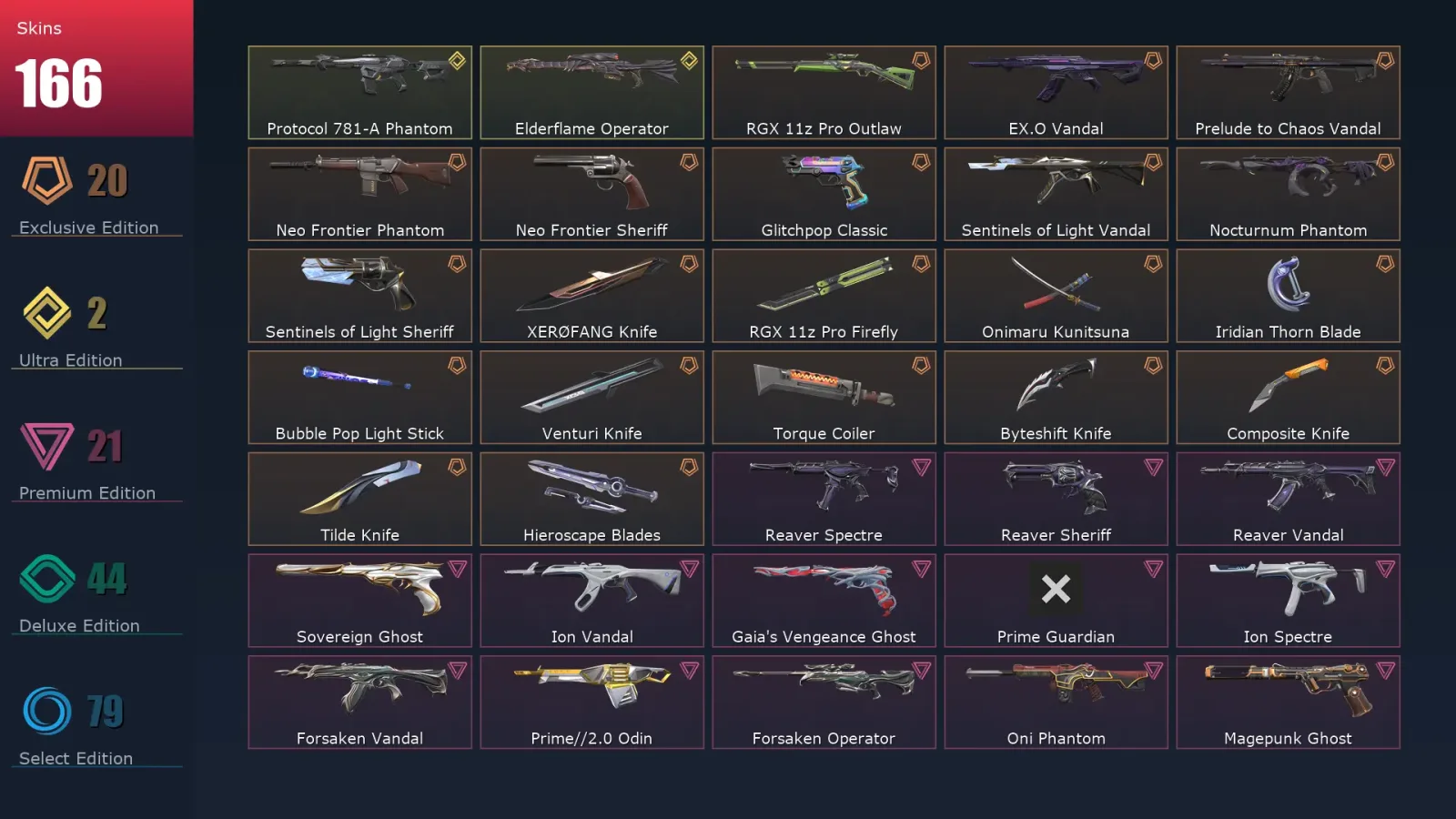 [Valorant] | EU | Level 286 | Platinum 1 | 29 Agents | 166 Skins