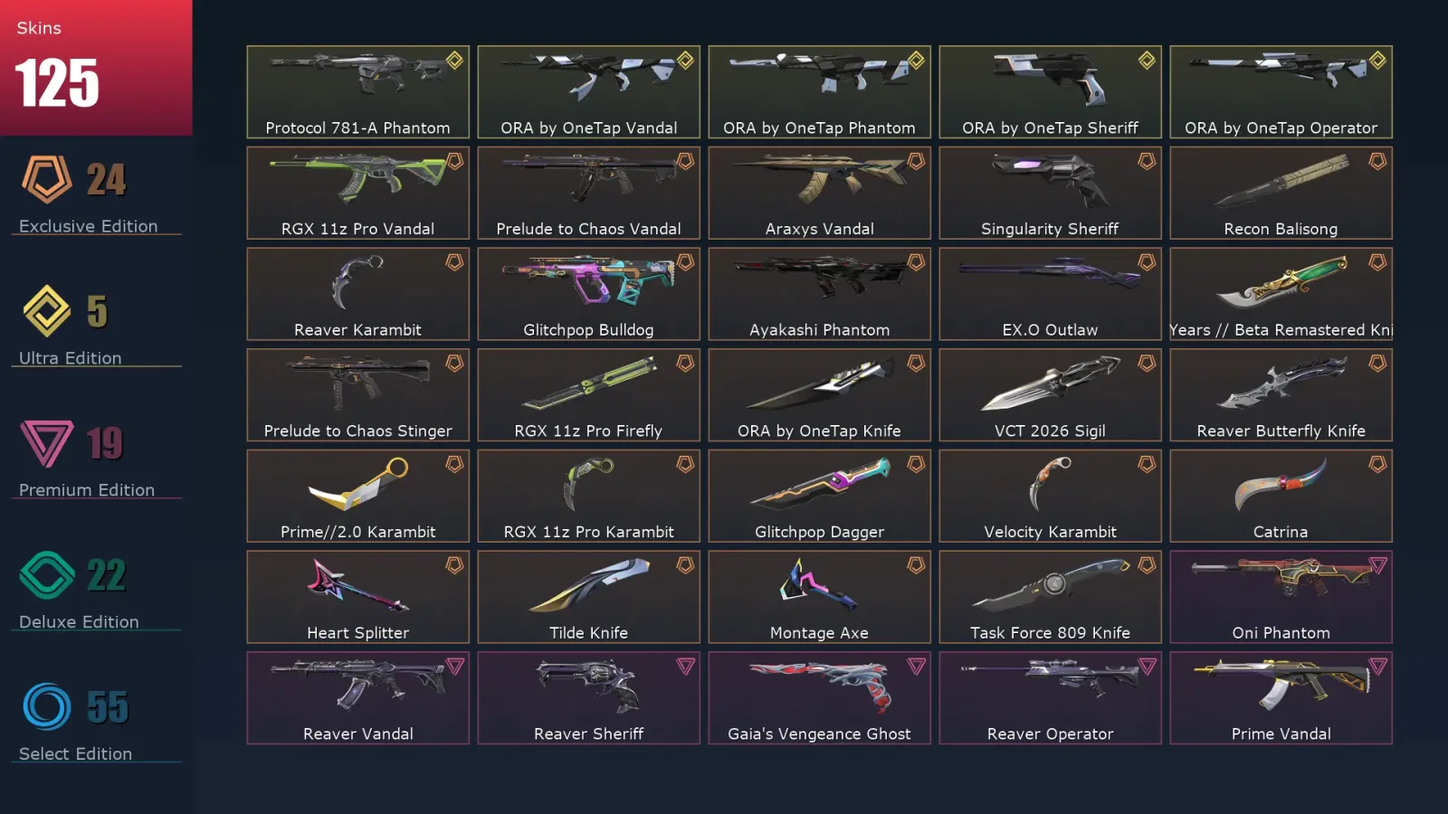 [Valorant] | EU | Level 255 | Platinum 1 | 29 Agents | 125 Skins