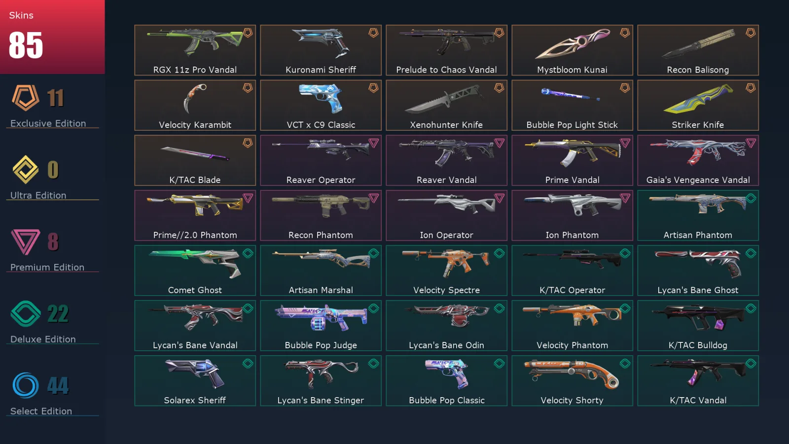 [Valorant] | EU | Level 160 | 28 Agents | 85 Skins