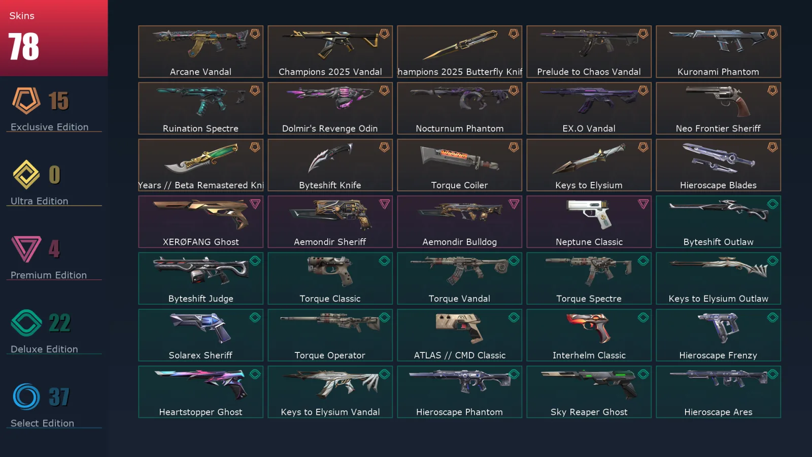 [Valorant] | EU | Level 300 | Platinum 1 | 29 Agents | 78 Skins