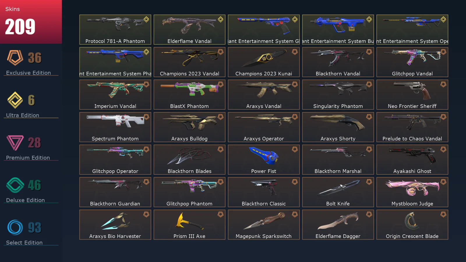 [Valorant] | EU | Level 500 | Diamond 1 | 29 Agents | 209 Skins
