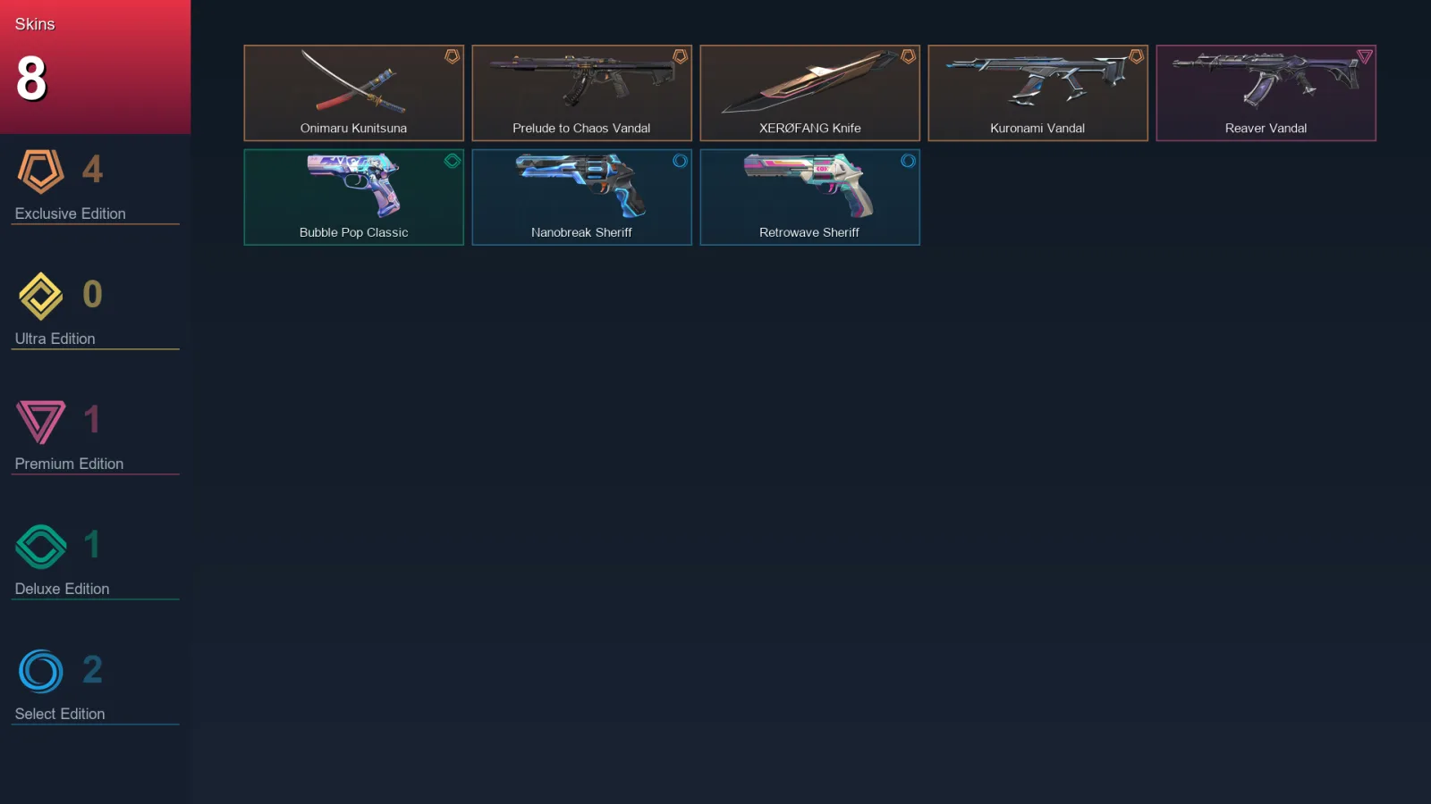 EU | Onimaru Kunitsuna | Prelude to Chaos Vandal | XERØFANG Knife | Kuronami Vandal | 8 Skin | 23 Agent | 36 Buddy | Lv107
