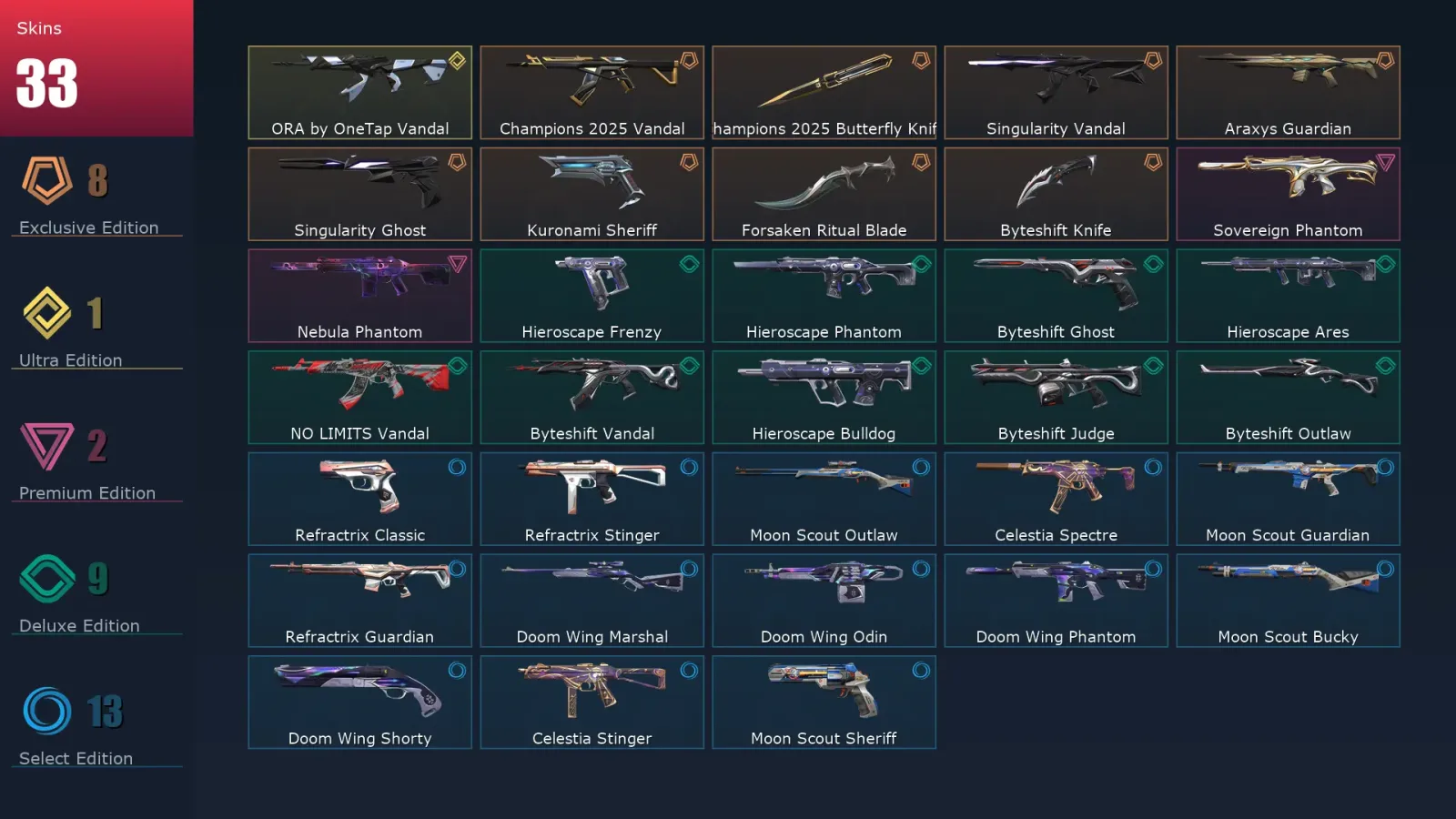 [Valorant] | EU | Level 58 | Platinum 3 | 21 Agents | 33 Skins