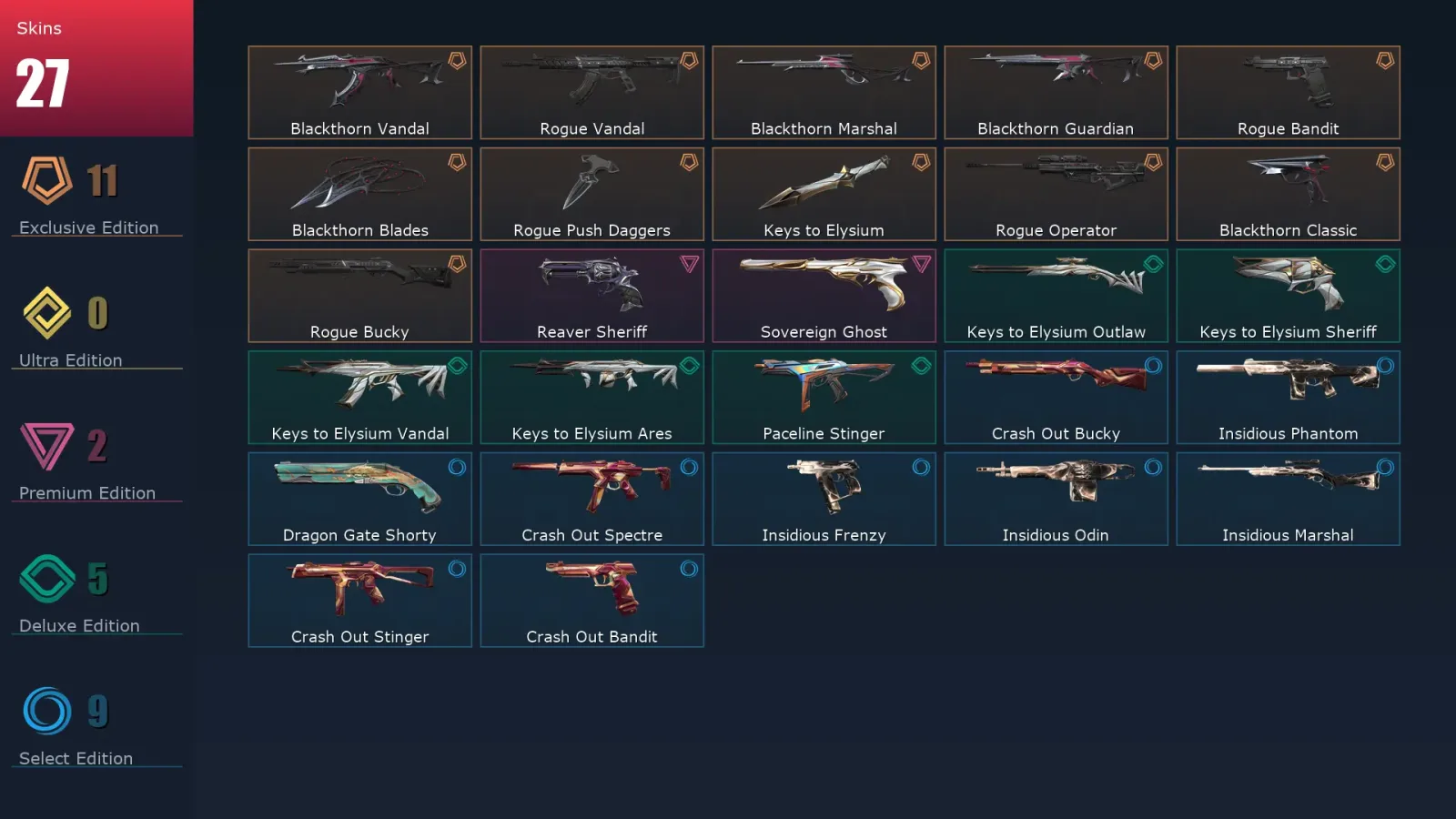 [Valorant] | EU | Level 27 | Diamond 2 | 10 Agents | 27 Skins
