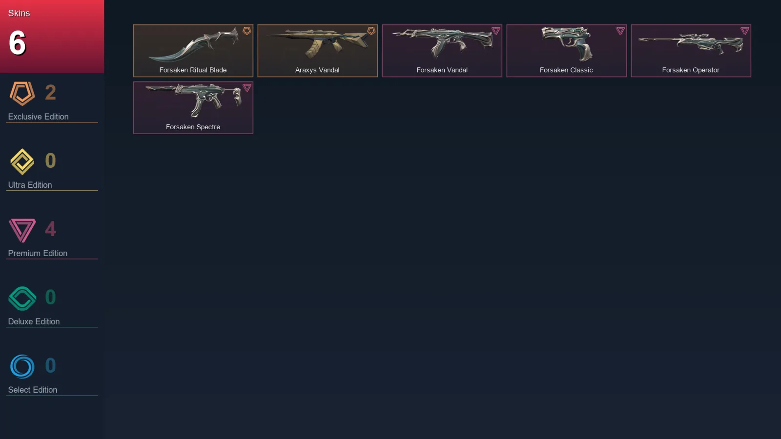 AP | Lv24 | Unranked | 6 Skin | 13 Agent | 12 Buddy — Forsaken Spectre