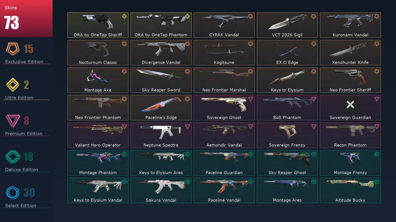 [Valorant] | EU | Level 54 | Platinum 3 | 16 Agents | 73 Skins