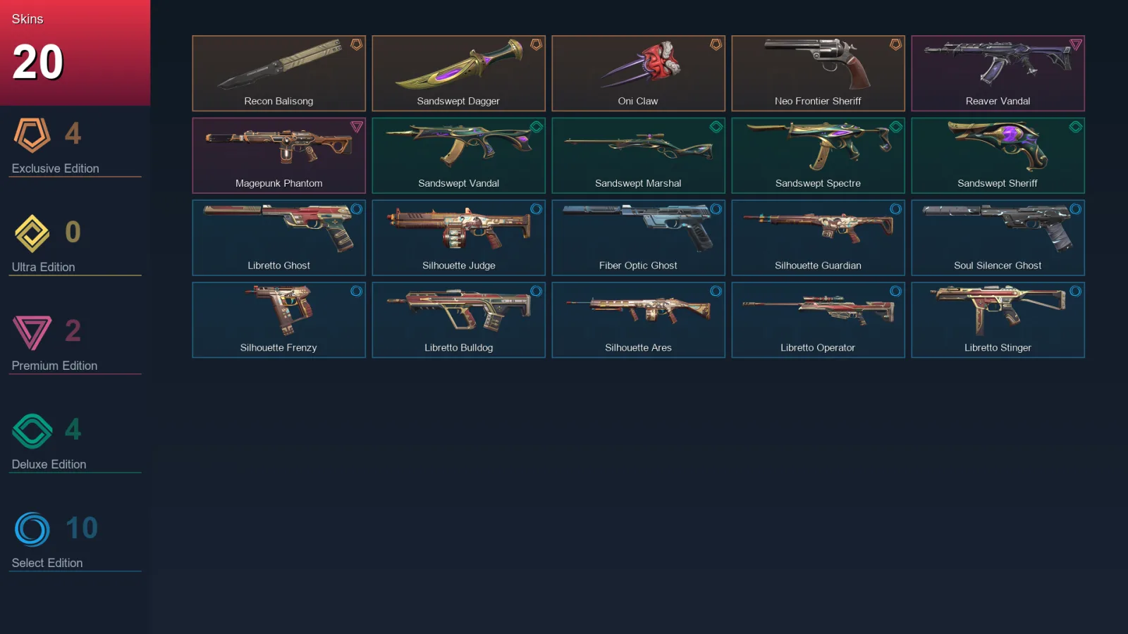 EU | Lv102 | Unranked | 20 Skin | 27 Agent | 53 Buddy — Silhouette Frenzy